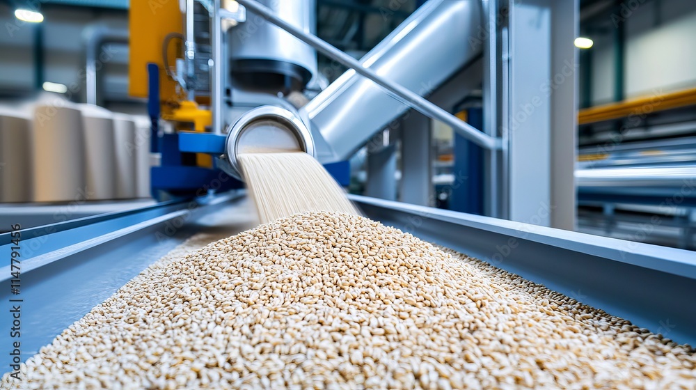 Inside a modern mill the flourmaking process from wheat is depicted with industrial equipment and automation Inside a modern mill the flourmaking process from wheat is depicted with industrial equipment and automation