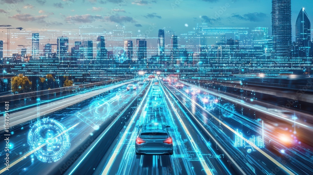Obraz premium Futuristic Cityscape with Digital Innovations and Trends in Transportation and Technology at Dusk