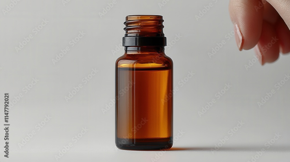 A small amber glass bottle filled with liquid, held by a hand against a light background. A small amber glass bottle filled with liquid, held by a hand against a light background.