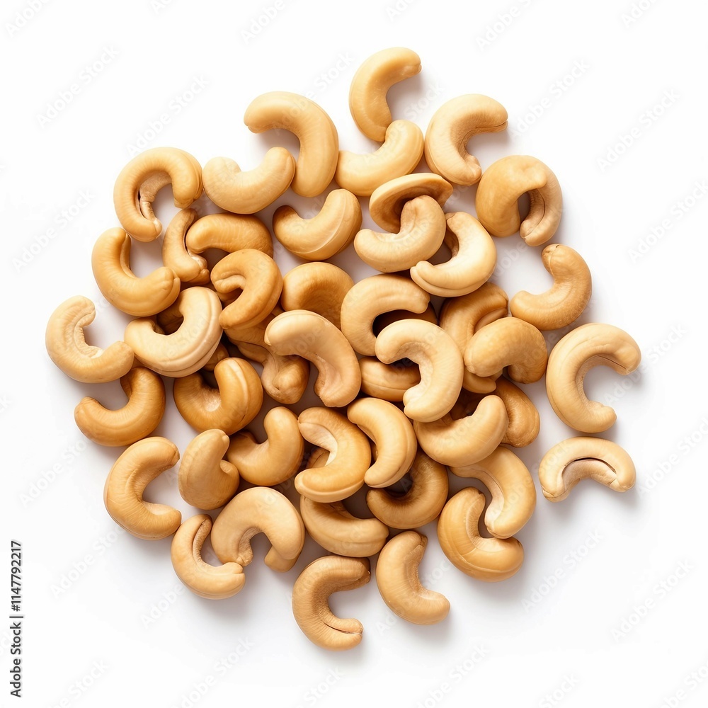 Pile of Cashews, Isolated on white background, flat lay