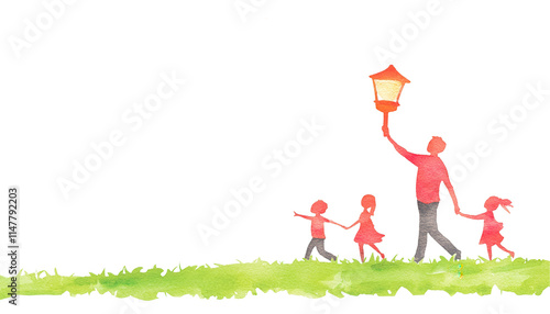 Family walking together with lantern transparent background in green grass landscape