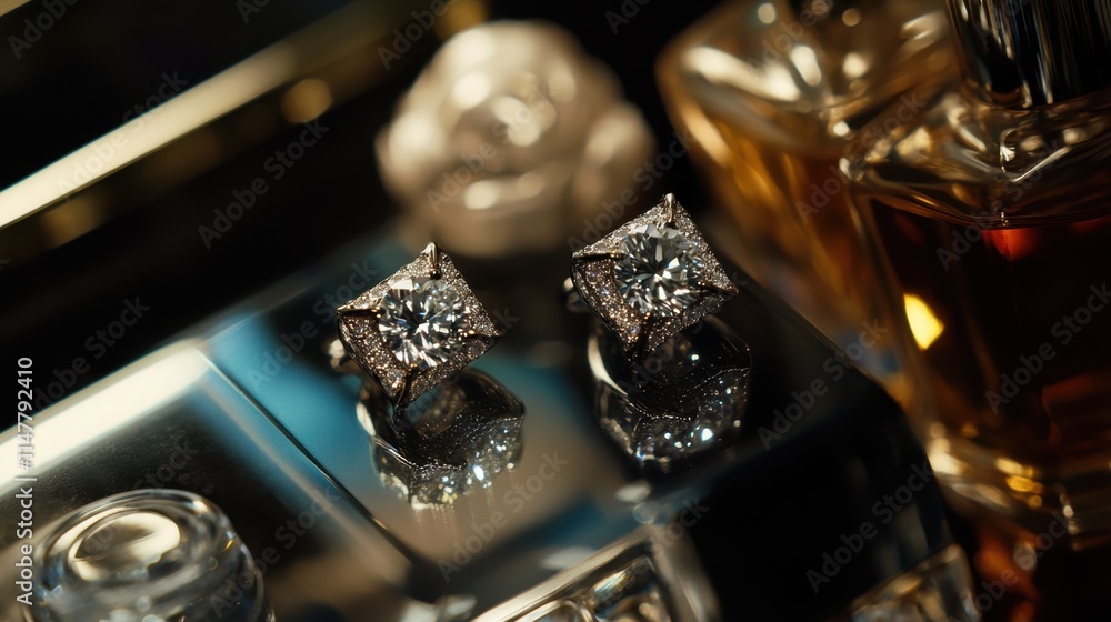 Elegant diamond earrings with sparkling details on reflective surface Elegant diamond earrings with sparkling details on reflective surface