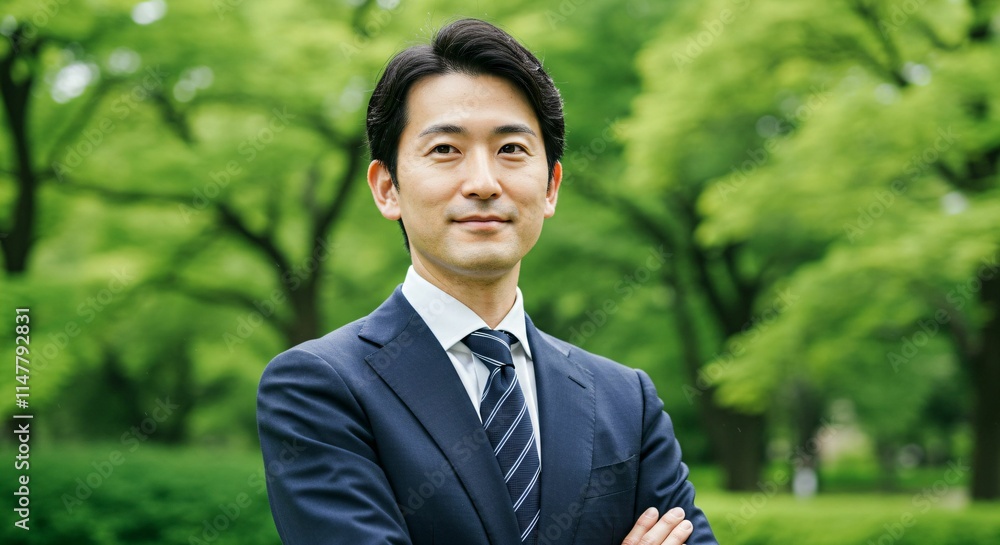Confident Japanese Businessman in a Suit, Surrounded by Nature: A Professional and Empowered Image Confident Japanese Businessman in a Suit, Surrounded by Nature: A Professional and Empowered Image