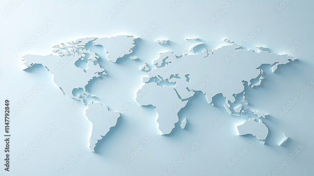 3D world map with a light blue background, simple design, white paper texture 3D world map with a light blue background, simple design, white paper texture