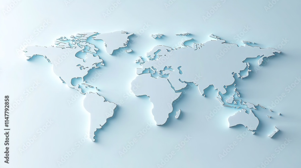 3D world map with a light blue background, simple design, white paper texture 3D world map with a light blue background, simple design, white paper texture