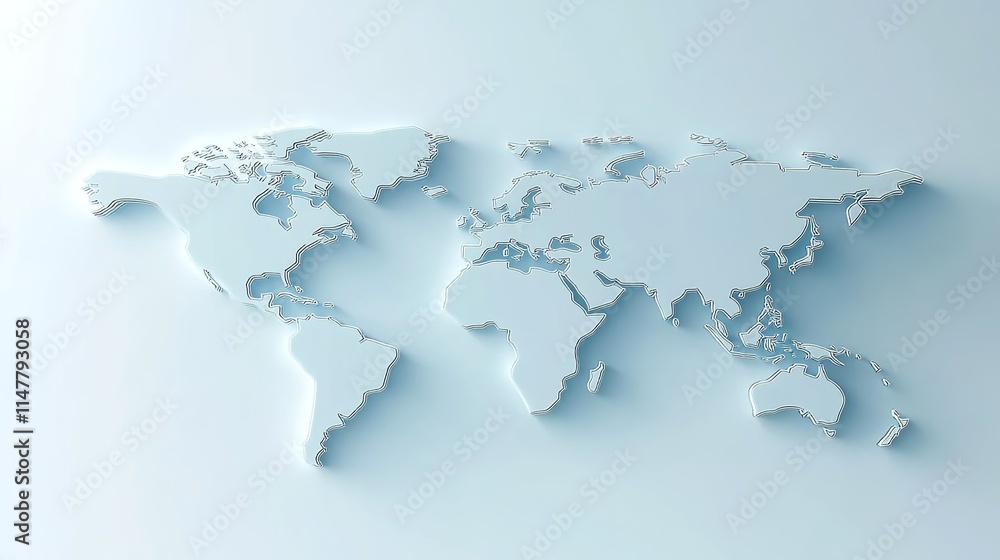 3D world map with a light blue background, simple design, white paper texture 3D world map with a light blue background, simple design, white paper texture