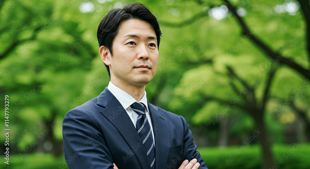 Japanese Professional in Formal Suit Amidst Greenery: A Representation of Ambition and Success Japanese Professional in Formal Suit Amidst Greenery: A Representation of Ambition and Success