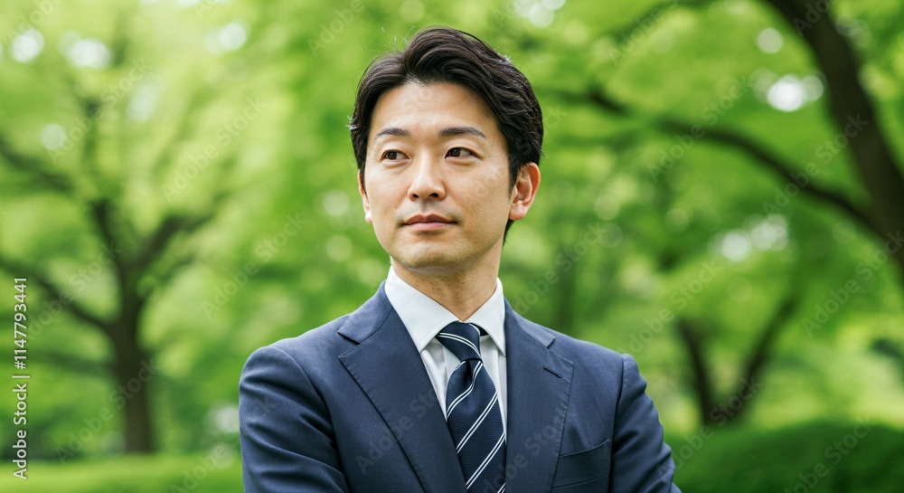 Japanese Professional in Formal Suit Amidst Greenery: A Representation of Ambition and Success Japanese Professional in Formal Suit Amidst Greenery: A Representation of Ambition and Success