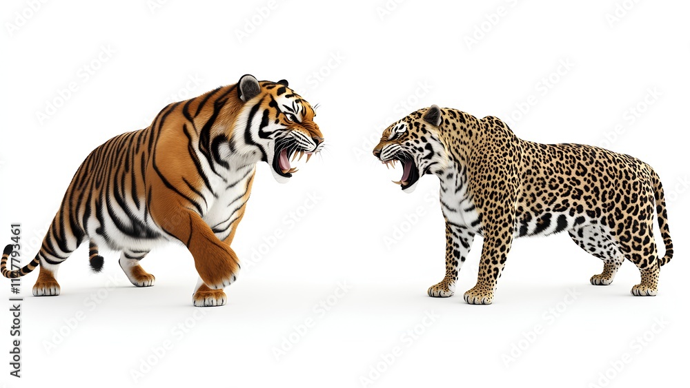 Obraz premium Face-Off: Tiger and Leopard in Fierce Confrontation - Isolated on White Background