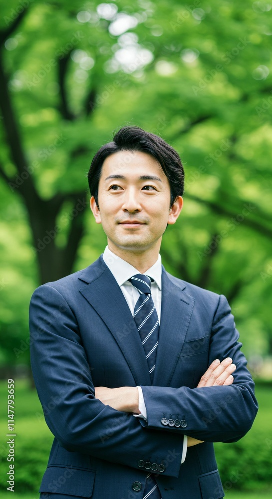 Japanese Professional in Formal Suit Amidst Greenery: A Representation of Ambition and Success Japanese Professional in Formal Suit Amidst Greenery: A Representation of Ambition and Success