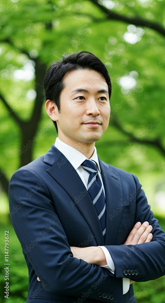 Japanese Professional in Formal Suit Amidst Greenery: A Representation of Ambition and Success Japanese Professional in Formal Suit Amidst Greenery: A Representation of Ambition and Success