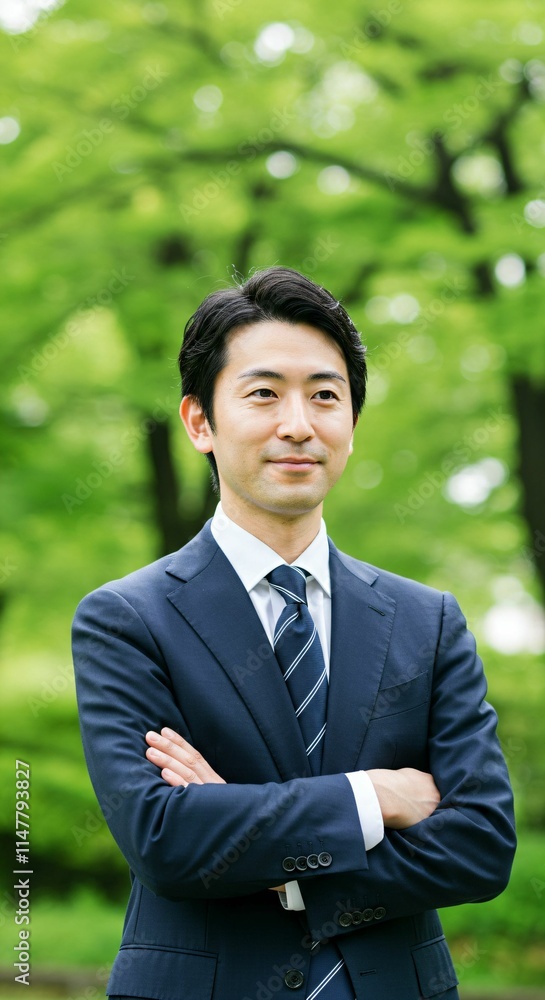 Japanese Professional in Formal Suit Amidst Greenery: A Representation of Ambition and Success Japanese Professional in Formal Suit Amidst Greenery: A Representation of Ambition and Success