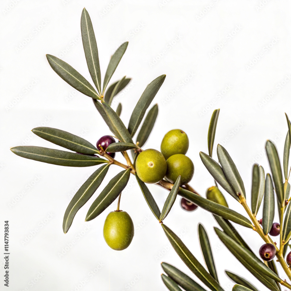 Olive branch with green olives, organic mood, fresh botanical detail, white background Olive branch with green olives, organic mood, fresh botanical detail, white background