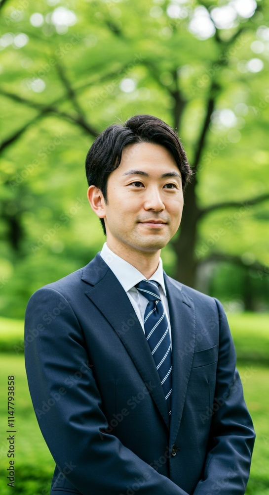 Japanese Professional in Formal Suit Amidst Greenery: A Representation of Ambition and Success Japanese Professional in Formal Suit Amidst Greenery: A Representation of Ambition and Success