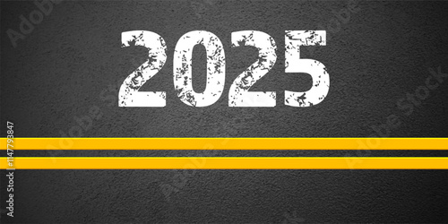 Asphalt road with yellow lane marking, concrete highway surface, texture. New year 2025. Street traffic line, road dividing strip. Pattern grainy structure, grunge background. Vector illustration