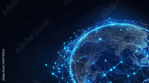 A digital globe with blue glowing connections, representing a global network and connectivity on a dark background.