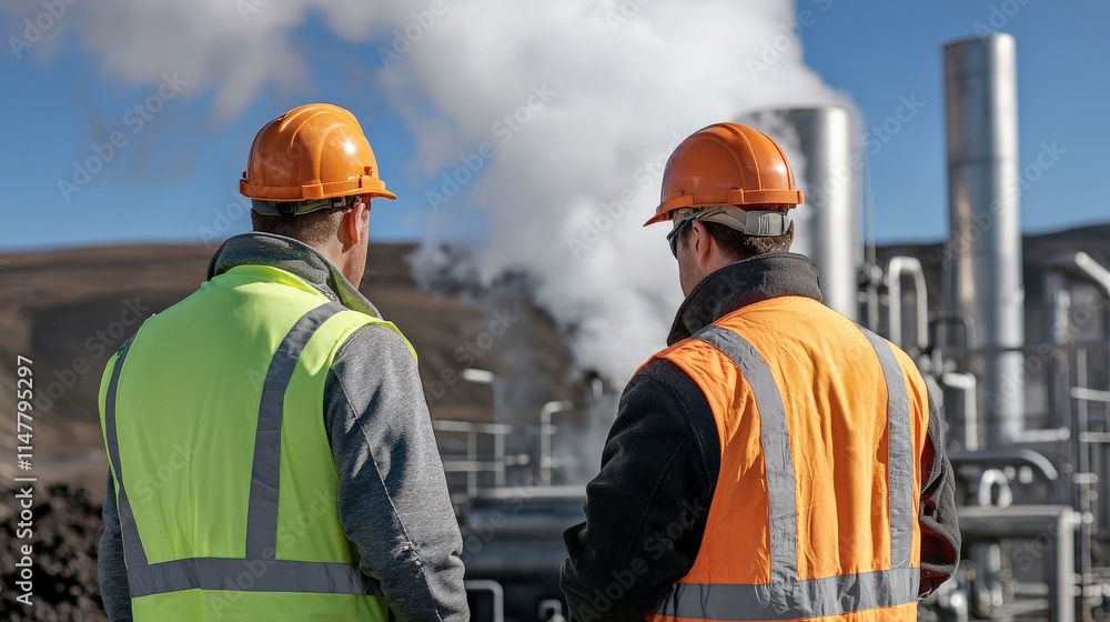 Engineers in safety vests inspecting a large geothermal plant Engineers in safety vests inspecting a large geothermal plant
