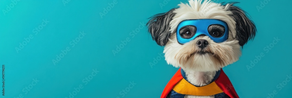 Fototapeta premium Hero dog wears mask, cape on blue.