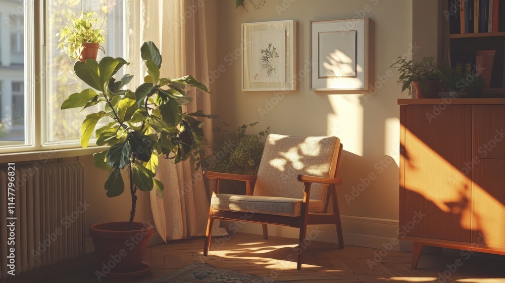 Fototapeta premium Cozy sunlight-filled room with a green plant and classic chair, perfect for relaxation and calm moments.