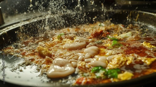 An unappealing close-up of a kitchen sink full of grease-coated food scraps and thick layers of floating fat obstructing the drain. photo