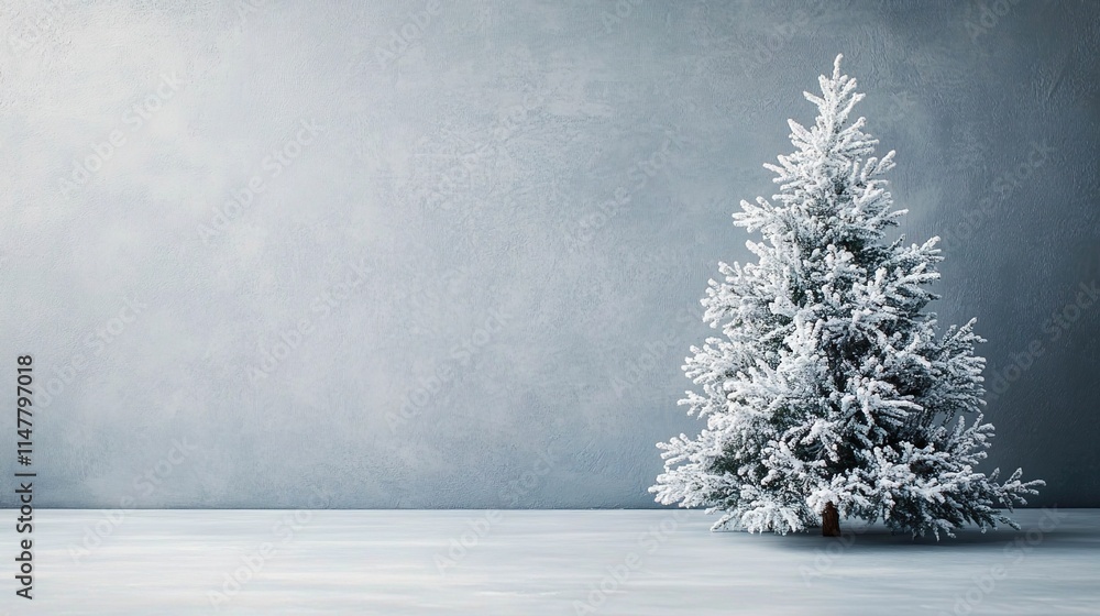 Fototapeta premium Minimalist gray background for product photography with just one white Christmas tree