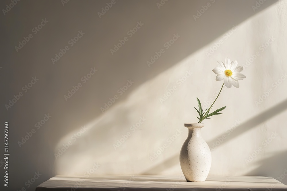 Delicate flower in simple vase casts gentle shadows, evoking tra Delicate flower in simple vase casts gentle shadows, evoking tra