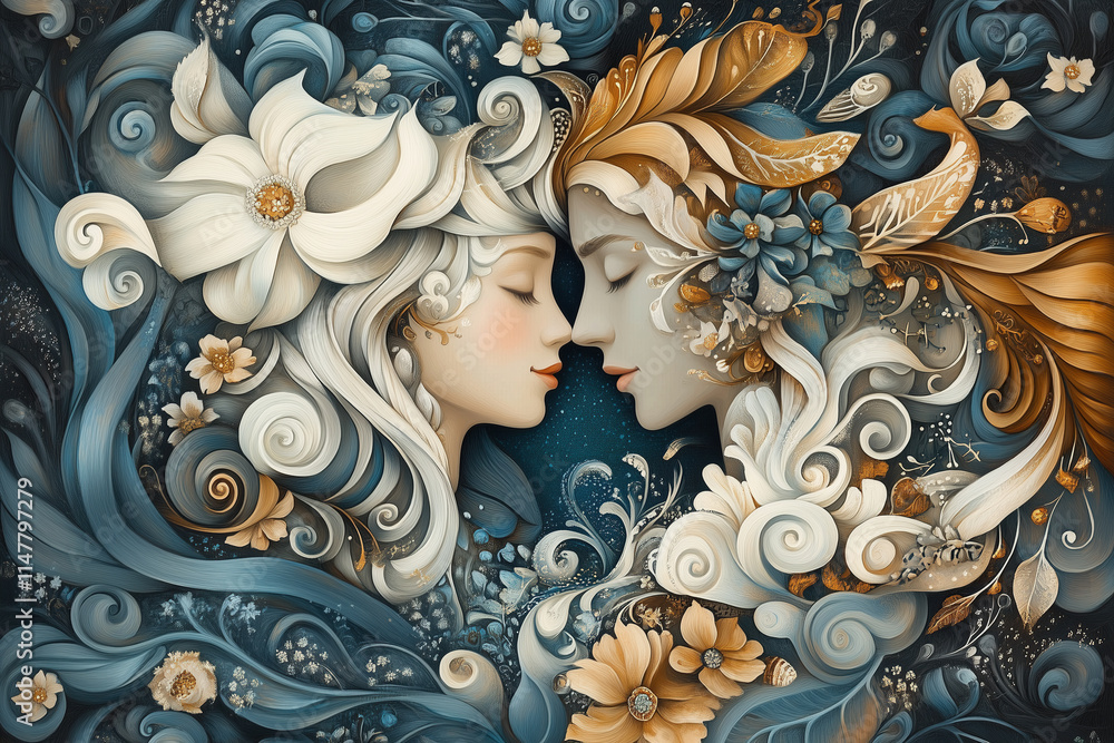 Whimsical illustration of two faces with long hair intertwined in an embrace surrounded by swirling floral patterns and delicate feathers Whimsical illustration of two faces with long hair intertwined in an embrace surrounded by swirling floral patterns and delicate feathers
