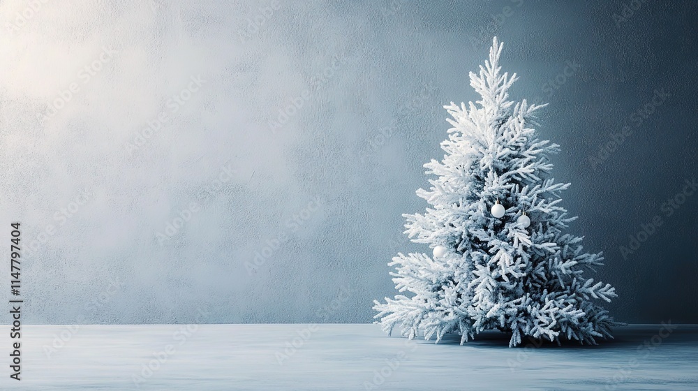 Fototapeta premium Minimalist gray background for product photography with just one white Christmas tree