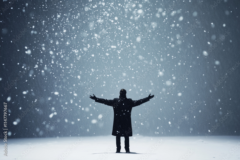 Silhouette of man embracing snow in winter night Silhouette of man embracing snow in winter night