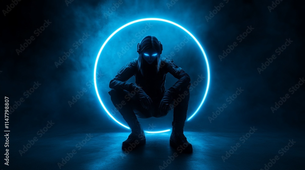 Fototapeta premium Futuristic figure in a neon-lit environment.