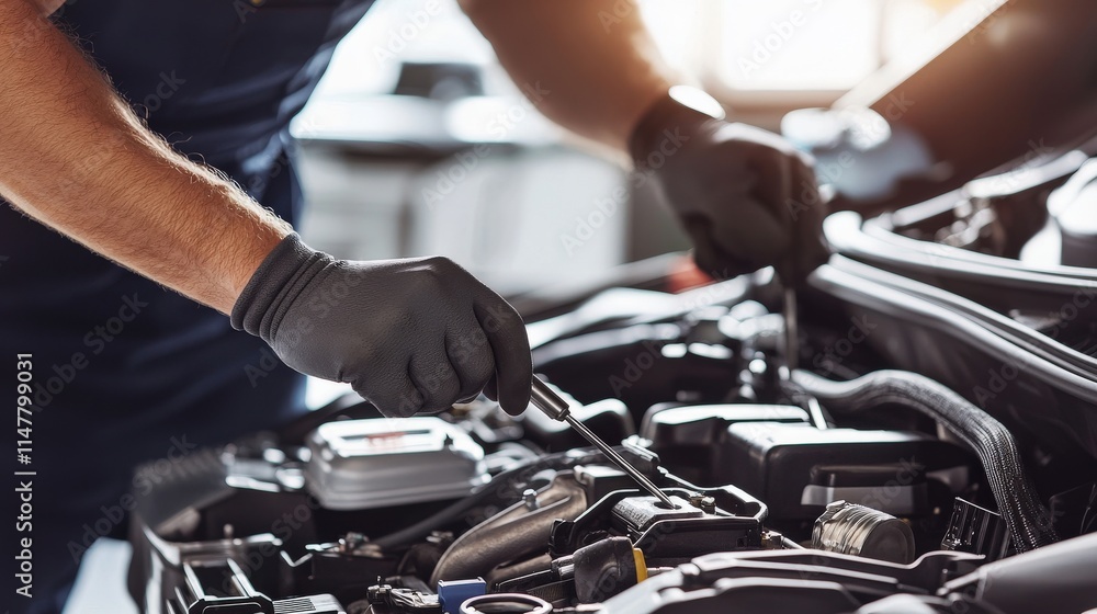 A mechanic diligently inspects a car engine under bright workshop lighting, tools neatly arranged in the background A mechanic diligently inspects a car engine under bright workshop lighting, tools neatly arranged in the background