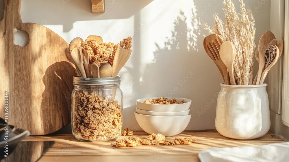 Cozy Kitchen Scene with Wooden Utensils and Granola in Jars Cozy Kitchen Scene with Wooden Utensils and Granola in Jars