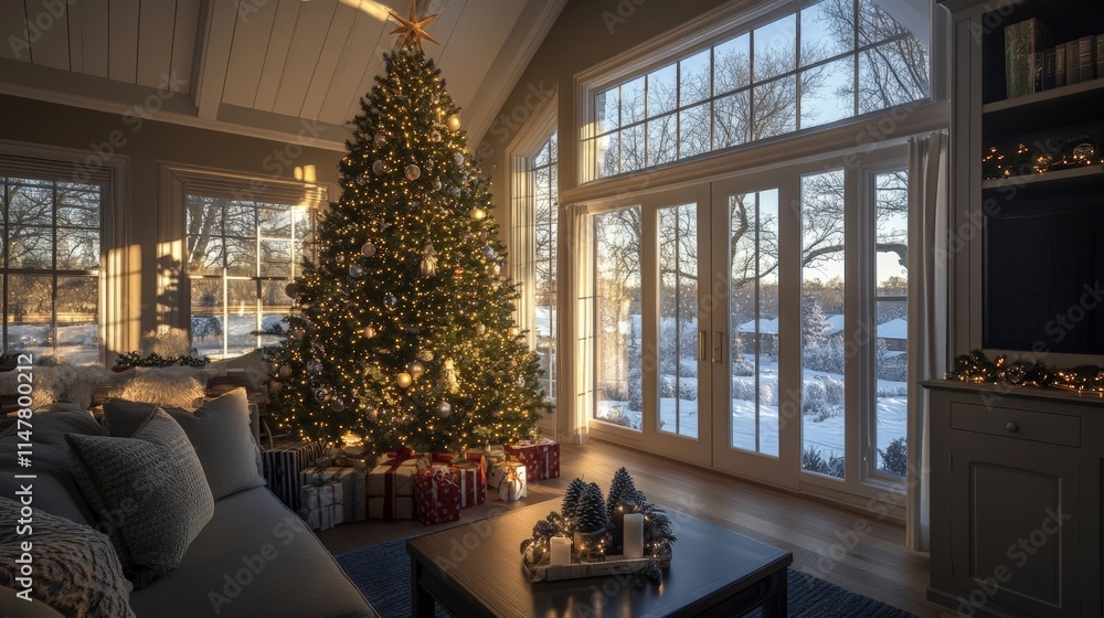 Fototapeta premium Cozy living room with a beautiful Christmas tree and winter scenery outside the windows