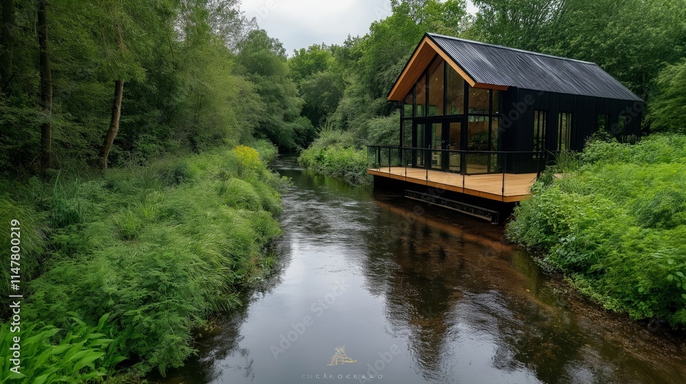 A modern cabin with large glass windows and a wooden deck overlooking a tranquil river, surrounded by lush greenery in a serene forest setting A modern cabin with large glass windows and a wooden deck overlooking a tranquil river, surrounded by lush greenery in a serene forest setting