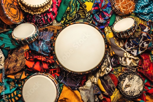 Colorful textiles surround circular drums, creating vibrant, art photo