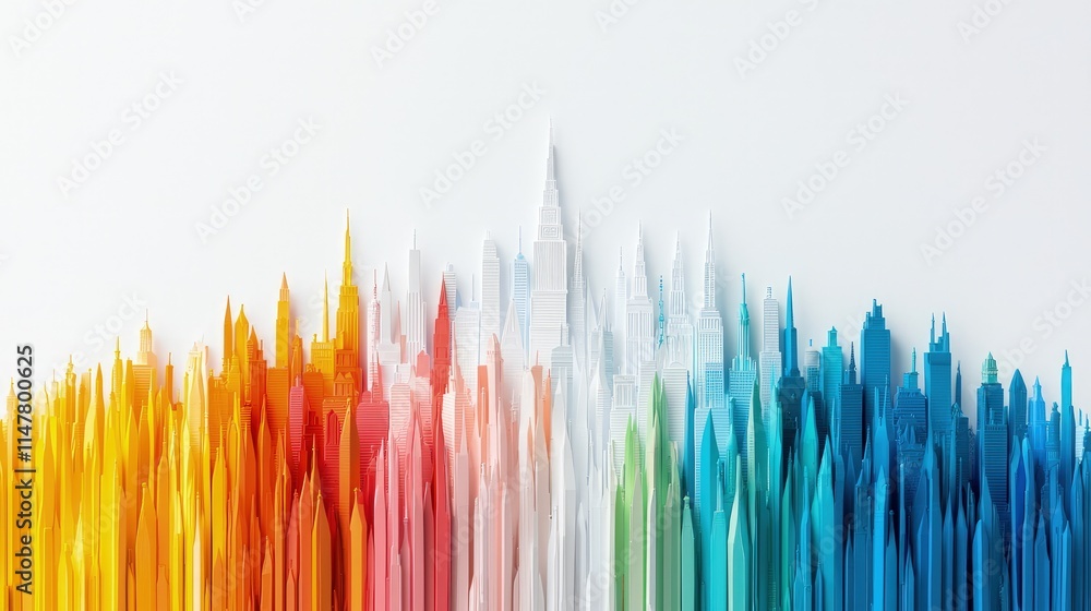 Fototapeta premium Colorful abstract 3D render of sharp vertical spikes forming a rainbow spectrum wave against a white background.