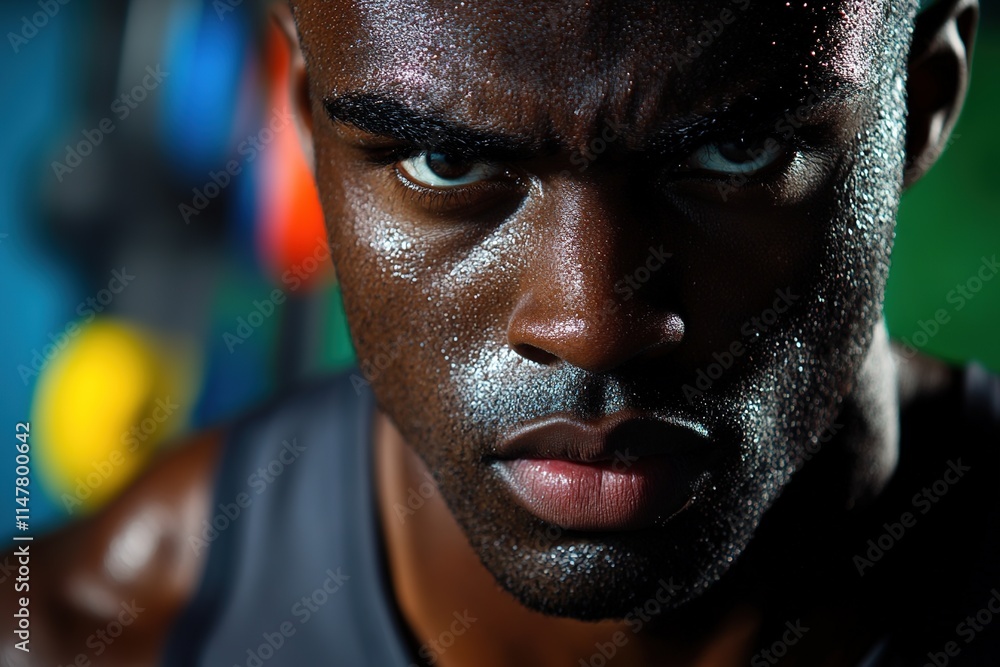 Intense focus of an athlete captured in dramatic close-up, showc Intense focus of an athlete captured in dramatic close-up, showc