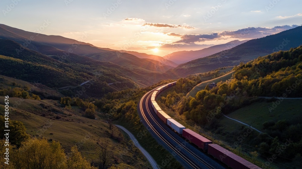 A train is traveling down a track through a mountainous area A train is traveling down a track through a mountainous area