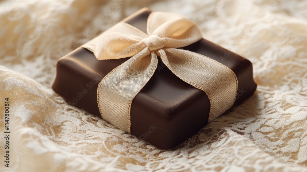 Elegant Chocolate Gift Box Wrapped with Satin Ribbon on Lace Elegant Chocolate Gift Box Wrapped with Satin Ribbon on Lace