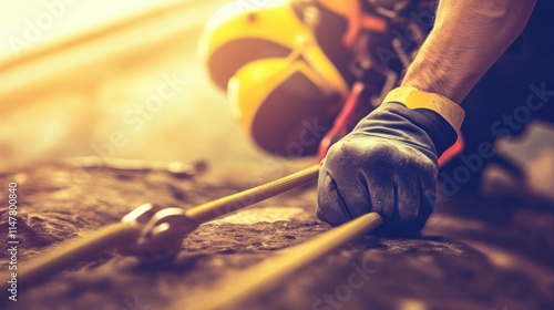 A climber securing ropes while preparing for an ascent on rocky terrain.