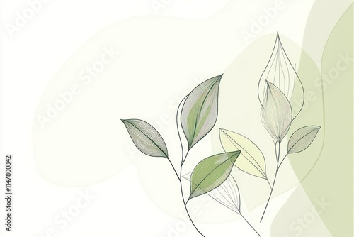 Elegant green leaves on a white background with abstract shapes.
