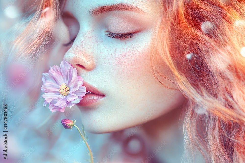 Girl with flowers in pastel fantasy portrait with long hair. Girl with flowers in pastel fantasy portrait with long hair.