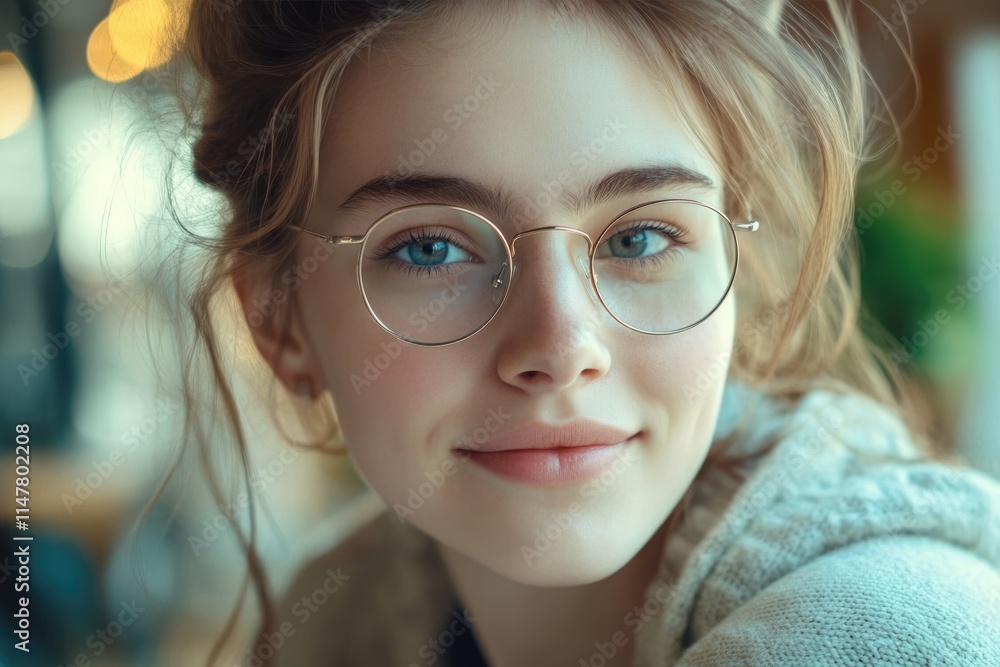 Happy Caucasian student woman in glasses smiling at camera. Happy Caucasian student woman in glasses smiling at camera.