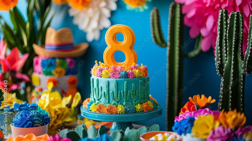 Naklejka premium Lively decorations fill the atmosphere at a festive birthday celebration decorated with bright flowers, stunning colors, and a beautifully crafted cake celebrating eight years of joy