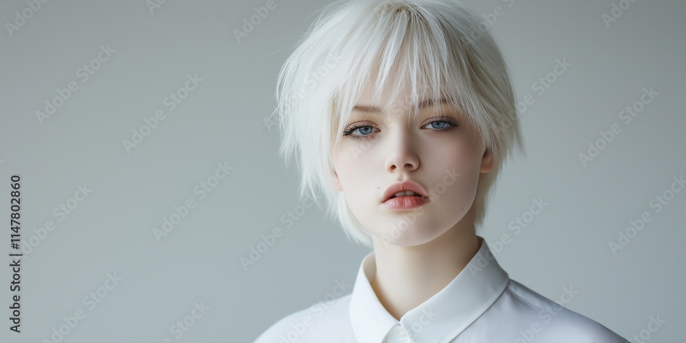 Woman with platinum blonde pixie cut in white shirt against grey background. Fashion beauty concept