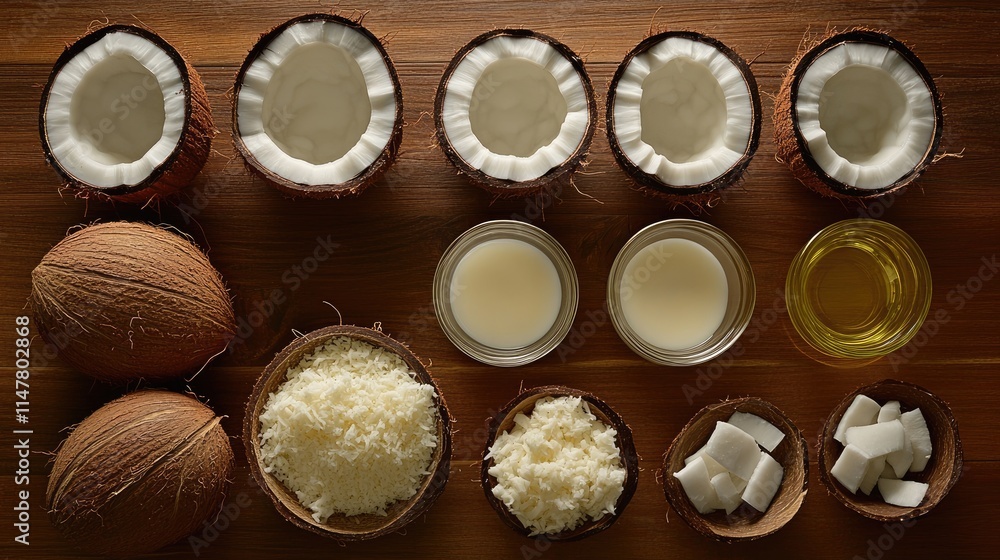 Various Coconut Products and Ingredients on Wooden Table Surface Various Coconut Products and Ingredients on Wooden Table Surface