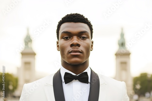 Confident young man in formal attire stands against an elegant b photo