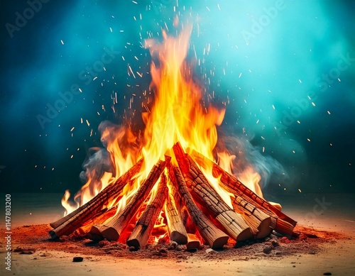 Happy Lohri on a huge bonfire with copy space for text. Punjabi Lohri festive celebration. Generative Ai photo