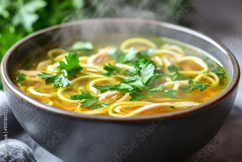 A bowl of ketogenic chicken zoodle soup with fresh parsley and a steaming broth photo