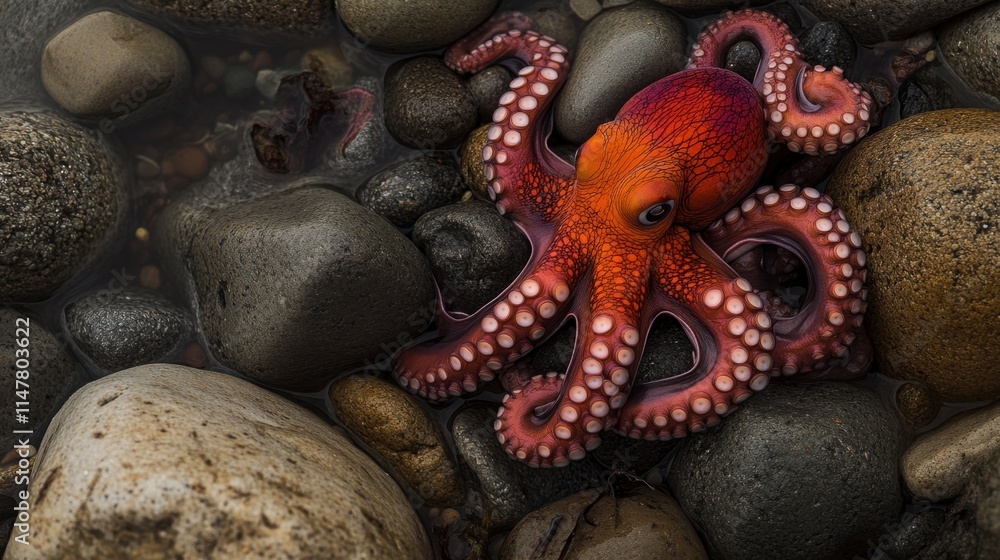 Vibrant Red Octopus on Rocky Shore with Smooth Pebbles and Water Vibrant Red Octopus on Rocky Shore with Smooth Pebbles and Water